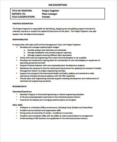 chemical project engineer job description