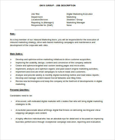 FREE 9+ Marketing Executive Job Description Samples in MS Word | PDF