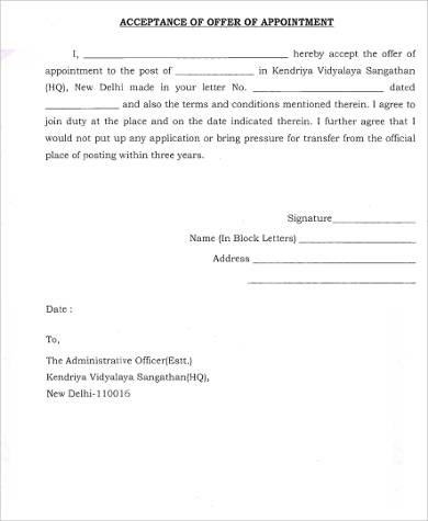 offer of appointment acceptance letter