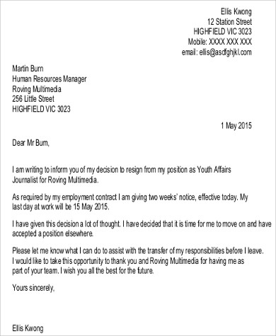 2 week notice resignation letter pdf 