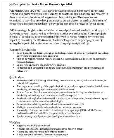 senior marketing research specialist job description