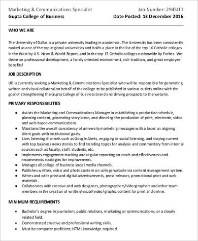 communication and marketing specialist job description