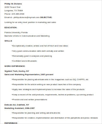 entry level sales resume skills