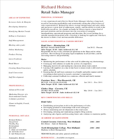 retail sales manager resume skills