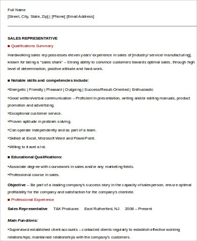 sales representative resume skills