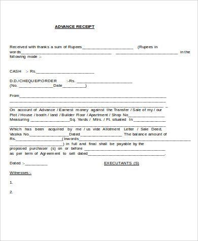 sample house rent advance receipt