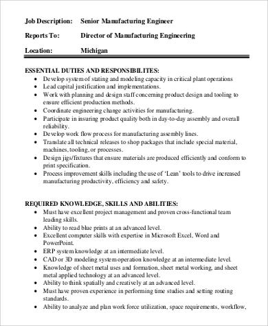 sample senior manufacturing engineer job description