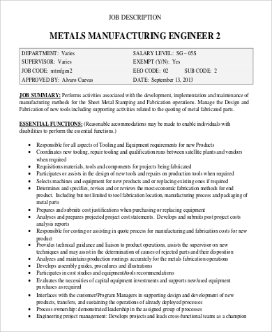 metal manufacturing engineer job description example