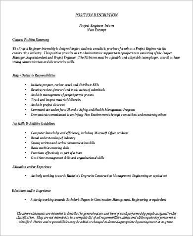 project engineer intern job description example