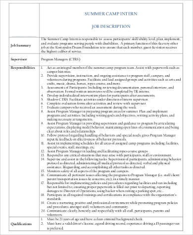 summer camp intern job description sample