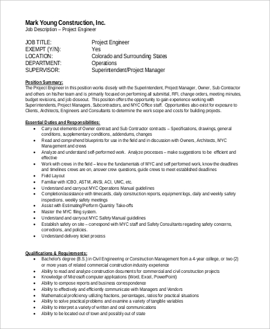 construction project engineer job description