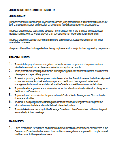 standard project engineer job description summary