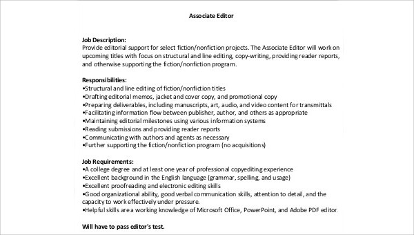 associate editor job description sample