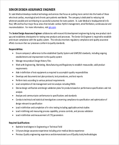 senior design assurance engineer job description