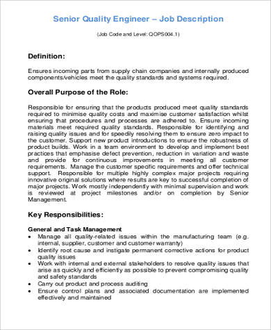 senior quality engineer job description pdf