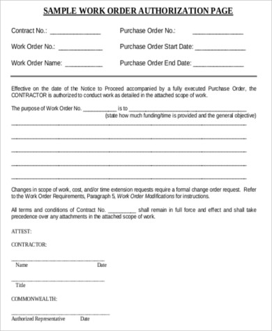 work order authorization form sample