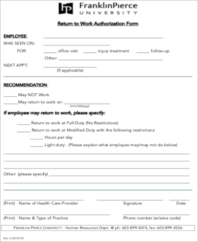 return to work authorization form