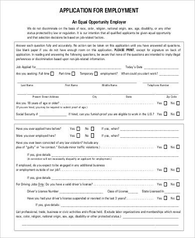 sample blank generic application for employment