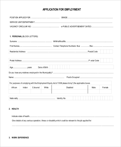 printable generic application for employment