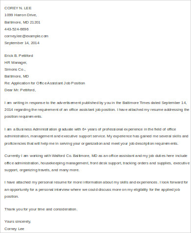 FREE 9+ Sample Cover Letter for Office Assistant in MS Word