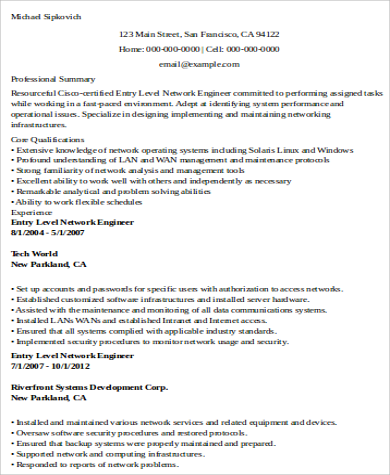 entry level network engineer resume