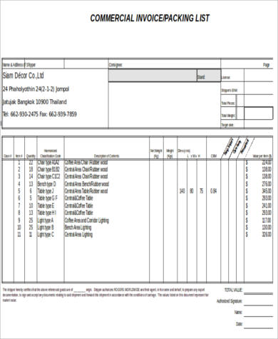 printable commercial invoice