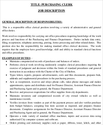 purchasing clerk assistant job description format