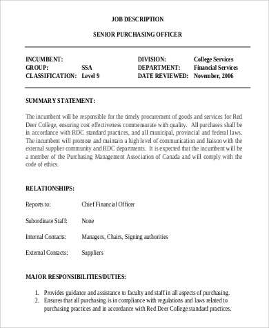 senior purchasing officer job description format