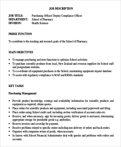 purchasing officer deputy compliance officer job description in pdf