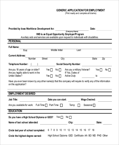 sample printable generic application for employment