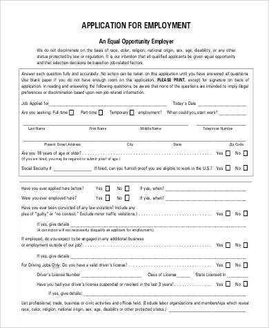 printable blank application for employment example