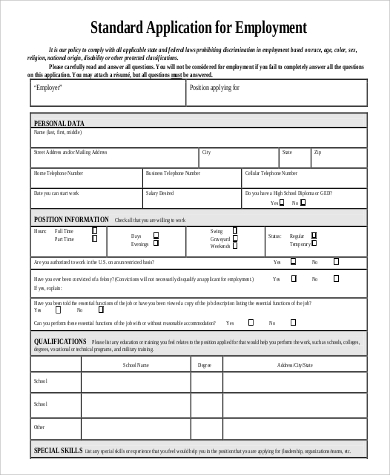 printable standard application for employment