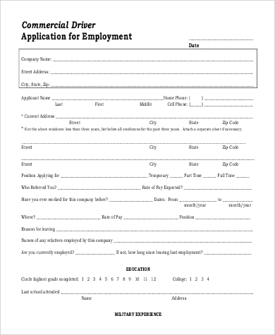 printable commercial driver application for employment