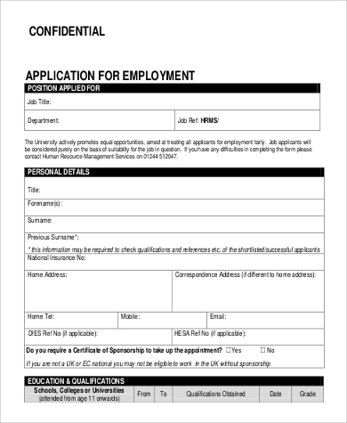 printable confidential application for employment