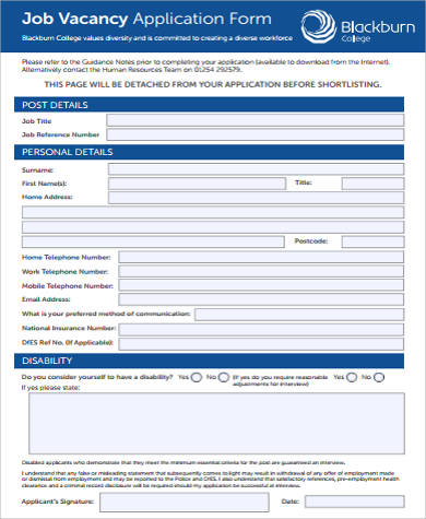 Sample of application form for job vacancy