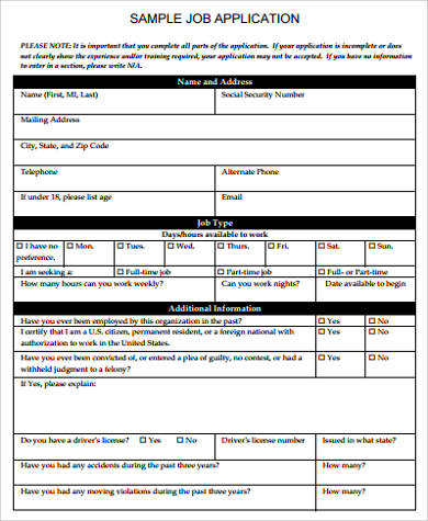 FREE 8  Sample Printable Job Application Templates in MS Word PDF