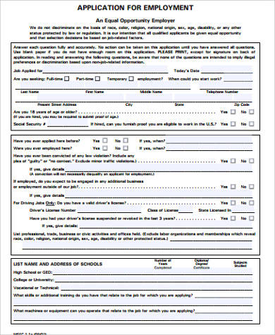 printable job employment application