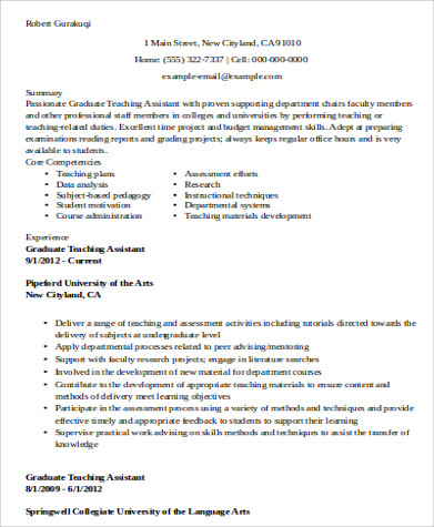 sample graduate teaching assistant resume