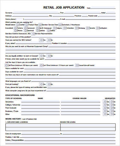 retail job application form for Job PDF Sample Application Examples  Printable Word, 8  in