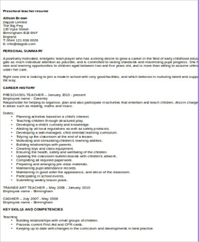 preschool teaching assistant resume pdf