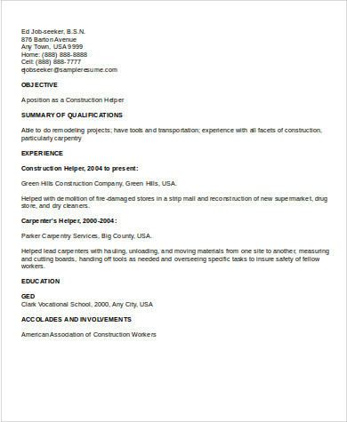 construction worker helper resume