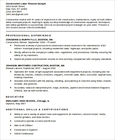 FREE 9+ Sample Construction Worker Resume Templates in MS ...