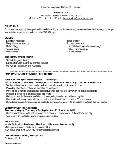 massage therapist resume format