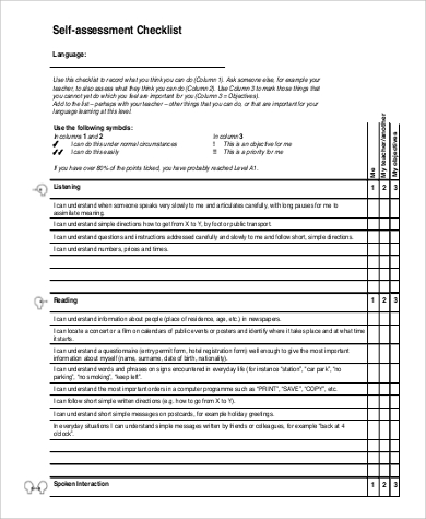 sample self assessment checklist