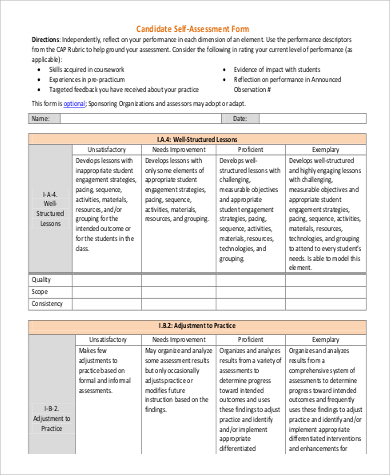 candidate self assessment form printable