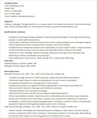 resume objective examples for massage therapist