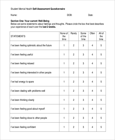 student mental health self assessment questionnaire