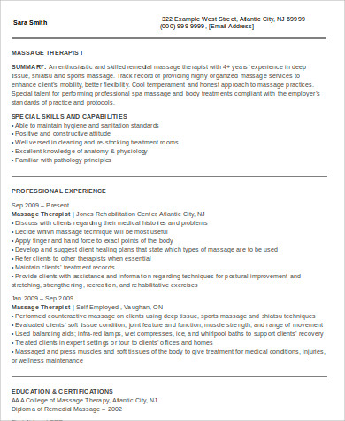 self employed massage therapist resume