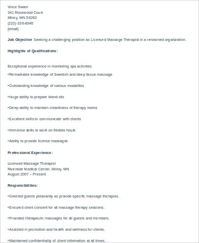 licensed massage therapist resume example