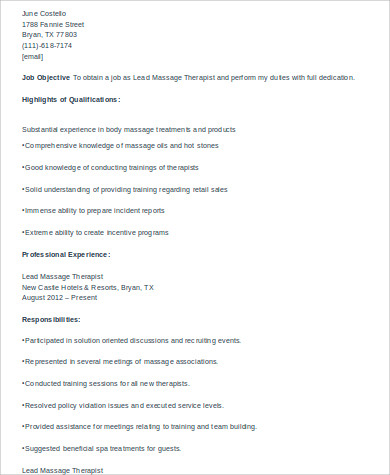 lead massage therapist resume